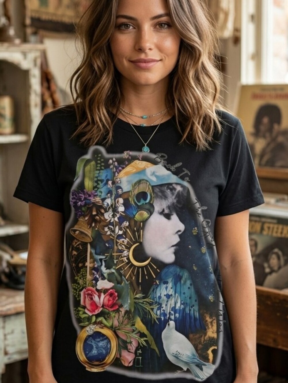 Stevie Nicks Black Tee with Multicolor Portrait.